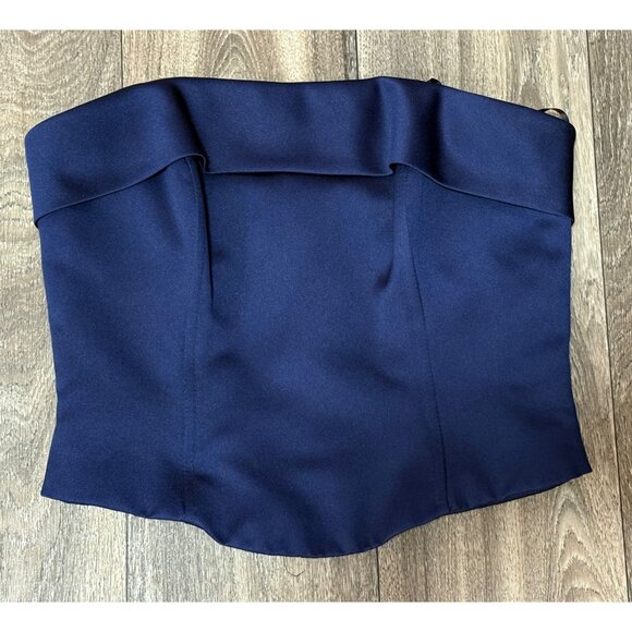 WOMENS PARTY FORMAL SATIN SET STRAPLESS CORSET TOP MAXI SKIRT NAVY BLUE SIZE 7-8 - Picture 2 of 10
